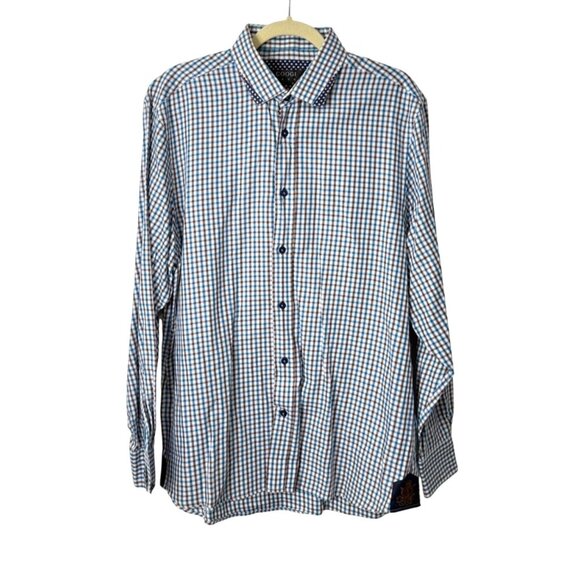 Coogi Luxe Mens Button-Up Checkered Shirt Blue Brown White Long Sleeve Size L - Picture 1 of 7